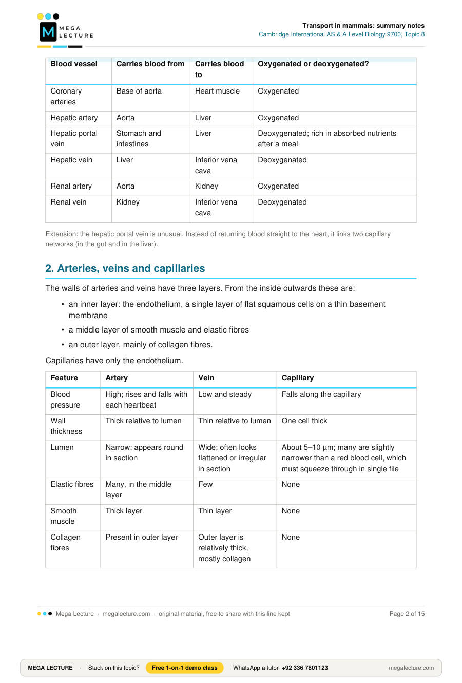Page 2 of Transport in mammals: summary notes