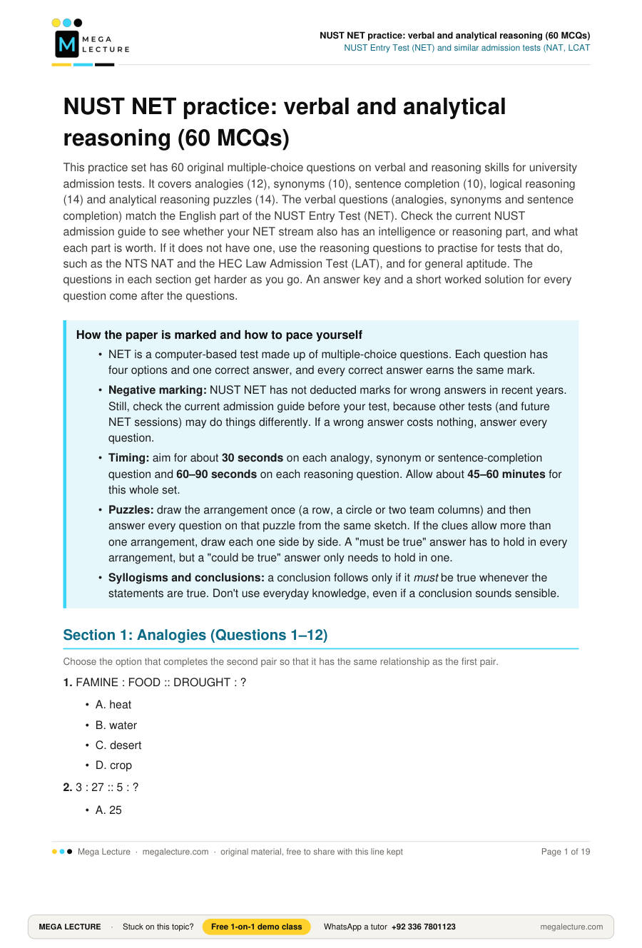 Page 1 of NUST NET practice: verbal and analytical reasoning (60 MCQs)