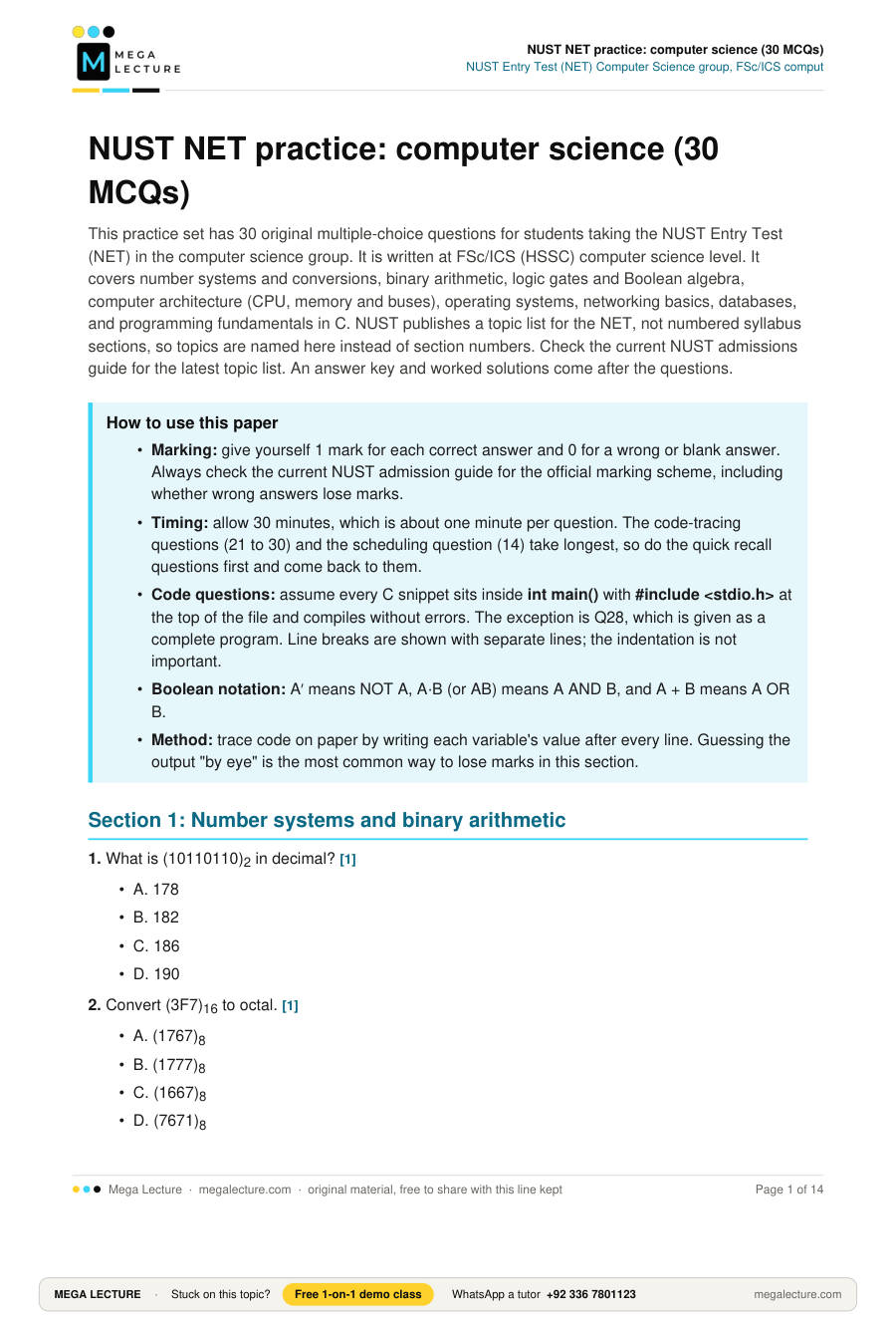 Page 1 of NUST NET practice: computer science (30 MCQs)