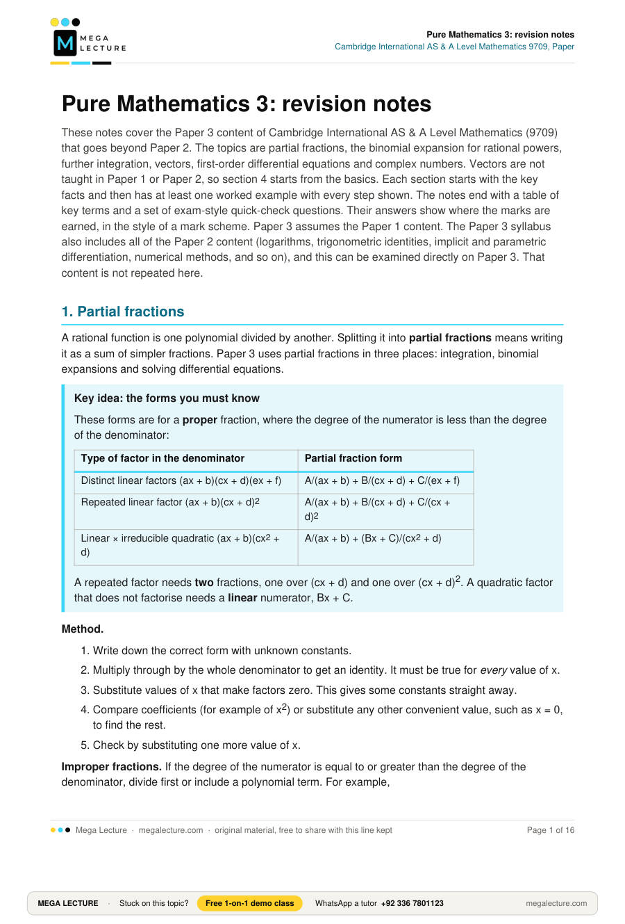 Page 1 of Pure Mathematics 3: revision notes