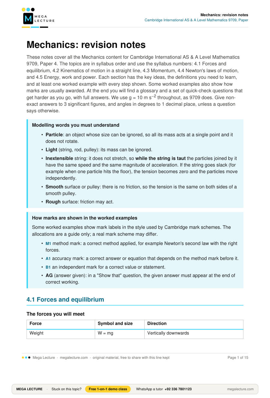 Page 1 of Mechanics: revision notes