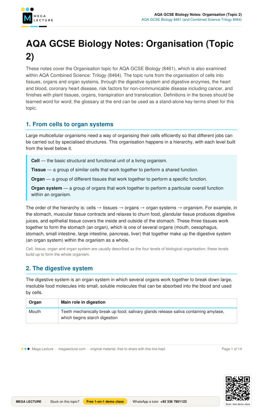 Page 1 of AQA GCSE Biology Notes: Organisation (Topic 2)