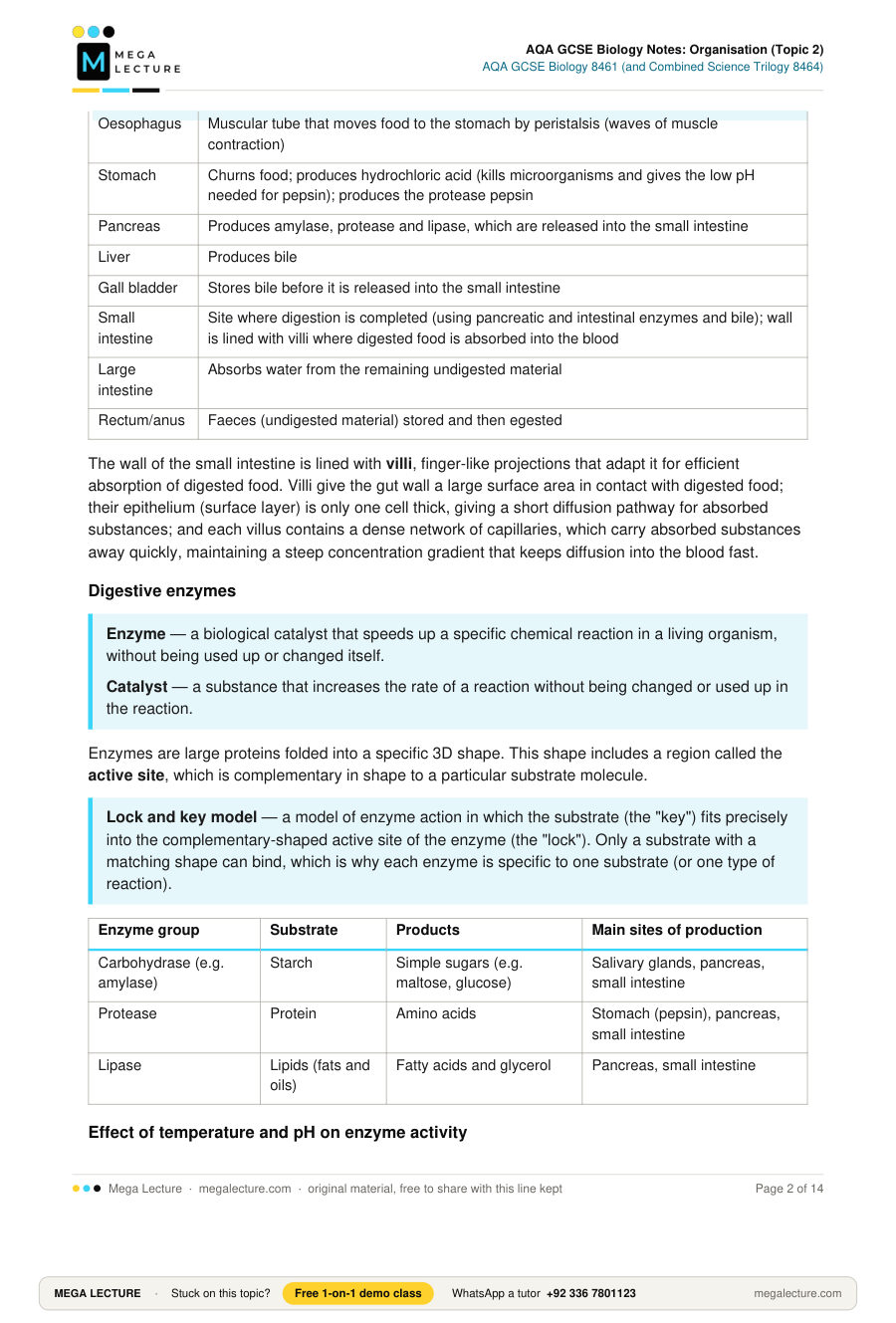 Page 2 of AQA GCSE Biology Notes: Organisation (Topic 2)