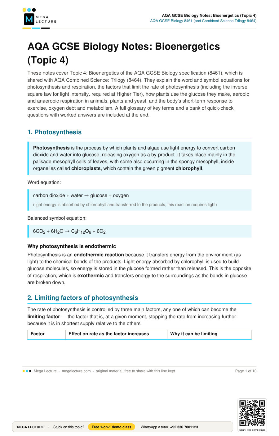 Page 1 of AQA GCSE Biology Notes: Bioenergetics (Topic 4)
