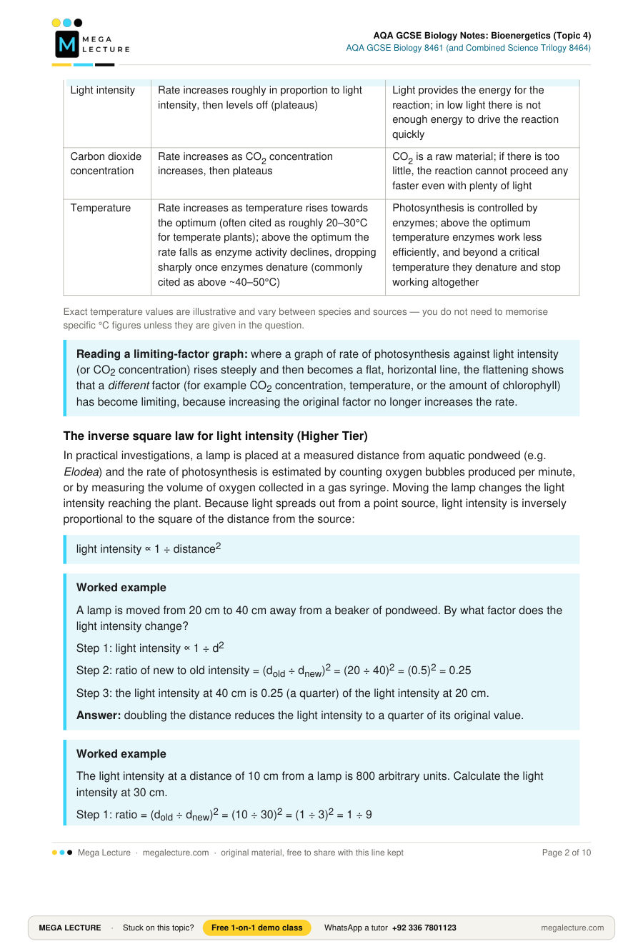 Page 2 of AQA GCSE Biology Notes: Bioenergetics (Topic 4)