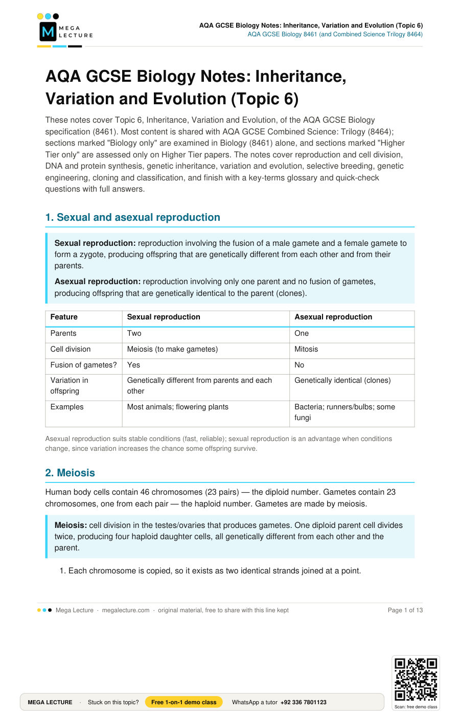 Page 1 of AQA GCSE Biology Notes: Inheritance, Variation and Evolution (Topic 6)
