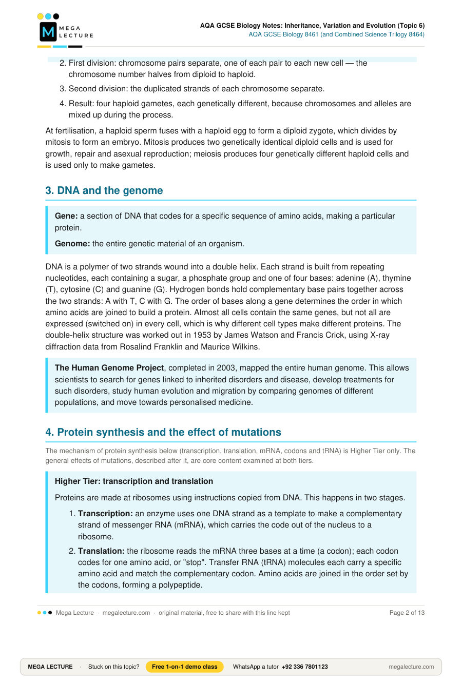 Page 2 of AQA GCSE Biology Notes: Inheritance, Variation and Evolution (Topic 6)