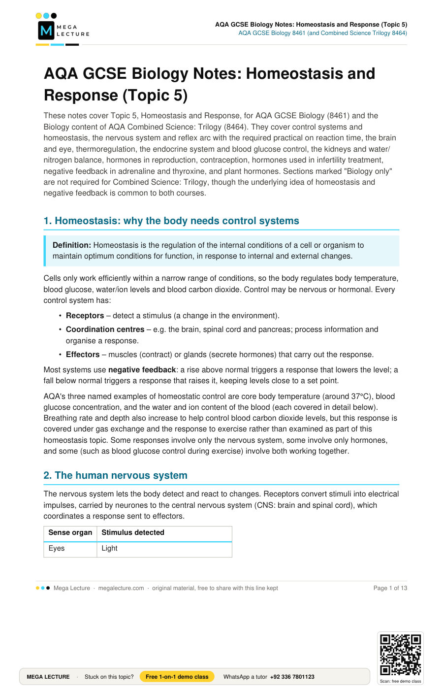 Page 1 of AQA GCSE Biology Notes: Homeostasis and Response (Topic 5)