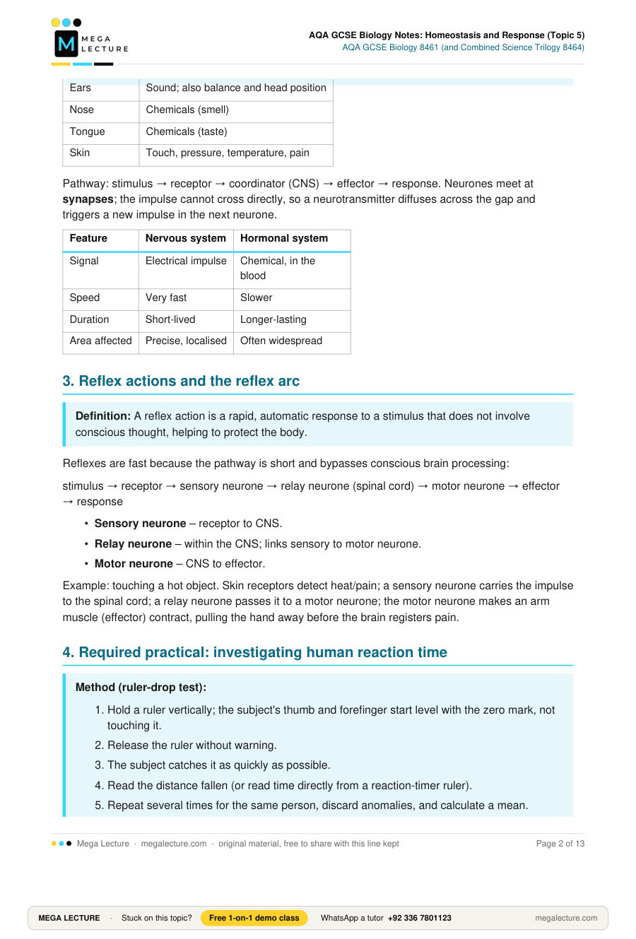 Page 2 of AQA GCSE Biology Notes: Homeostasis and Response (Topic 5)