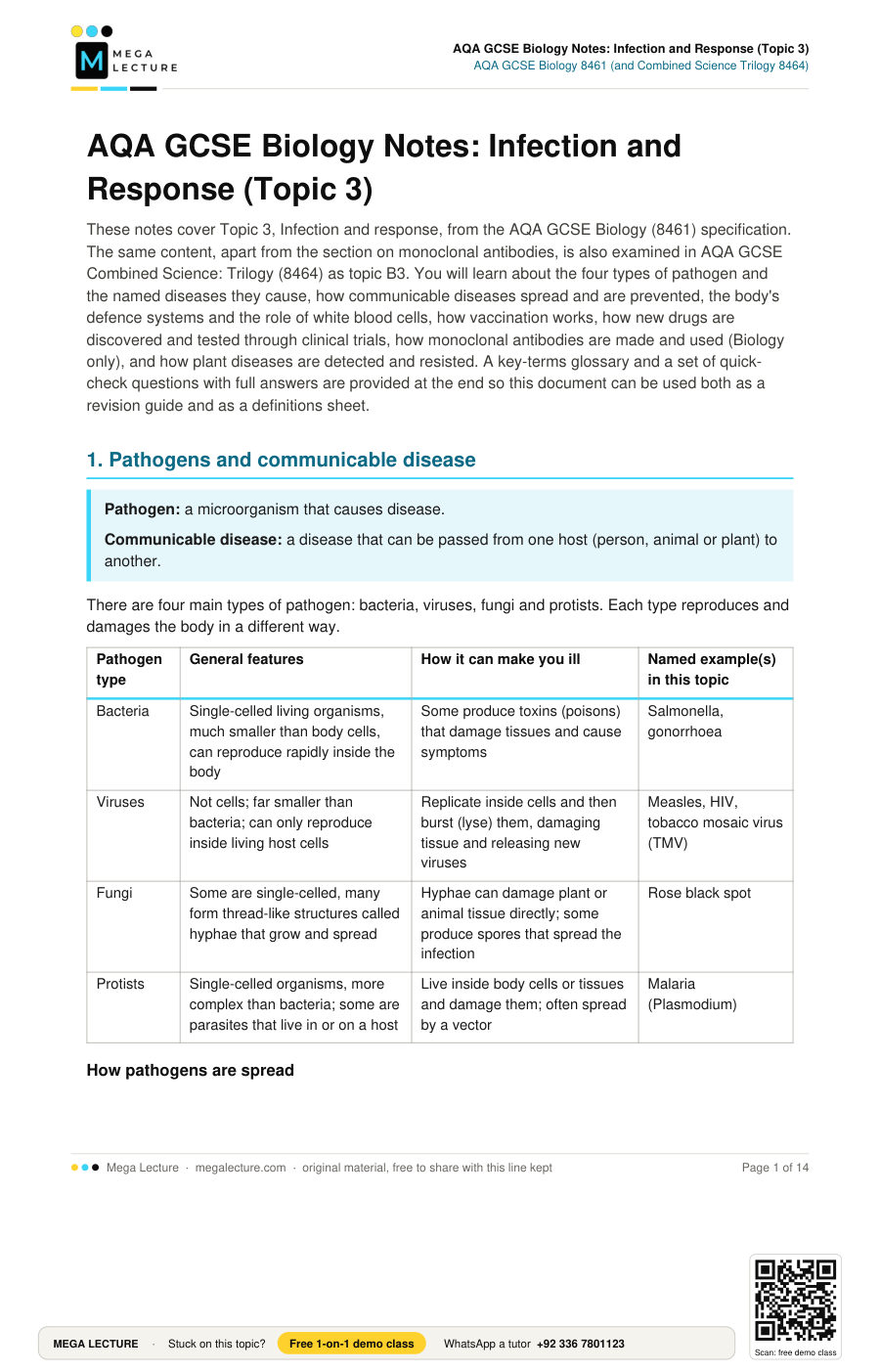 Page 1 of AQA GCSE Biology Notes: Infection and Response (Topic 3)