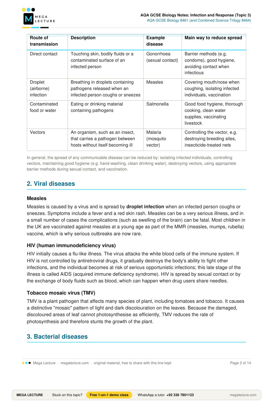 Page 2 of AQA GCSE Biology Notes: Infection and Response (Topic 3)