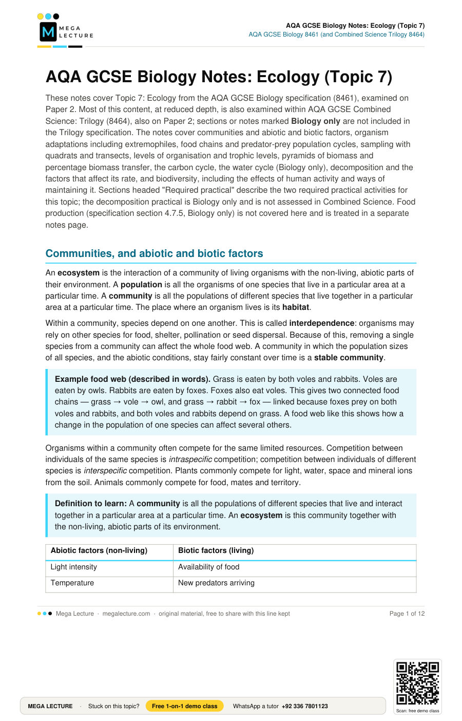 Page 1 of AQA GCSE Biology Notes: Ecology (Topic 7)