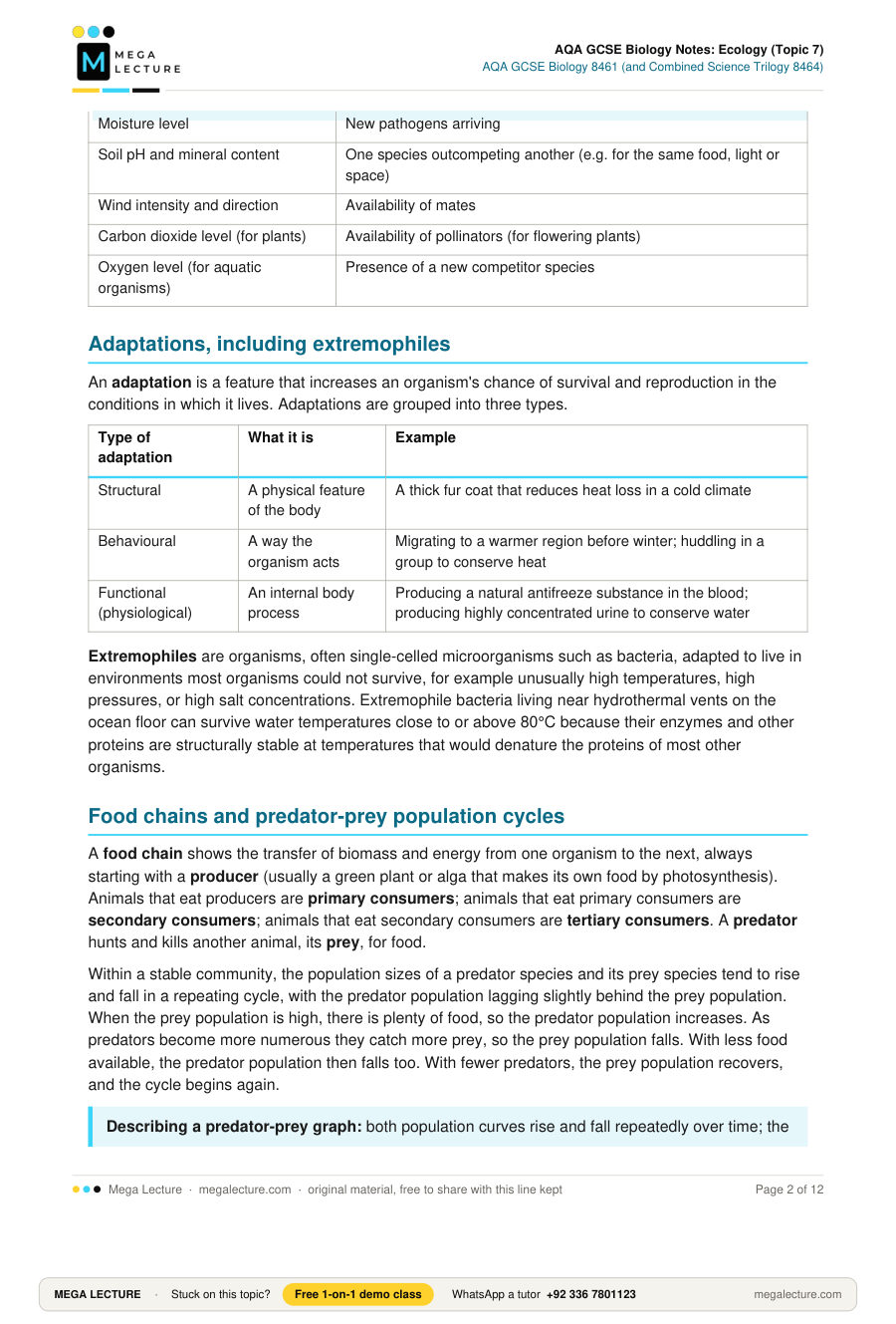 Page 2 of AQA GCSE Biology Notes: Ecology (Topic 7)