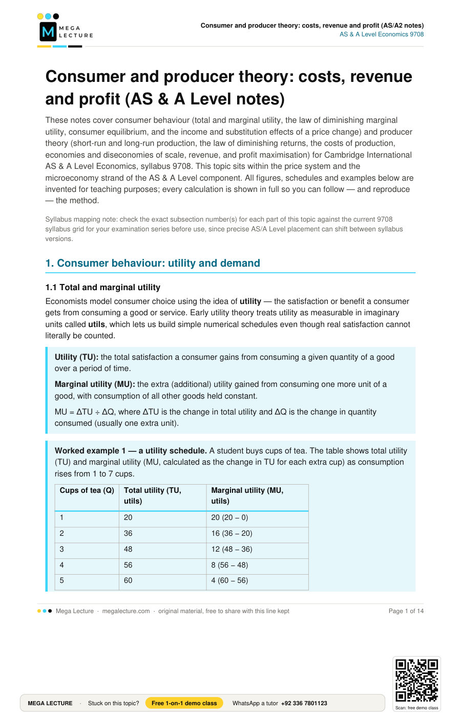 Page 1 of Consumer and producer theory: costs, revenue and profit (AS/A2 notes)