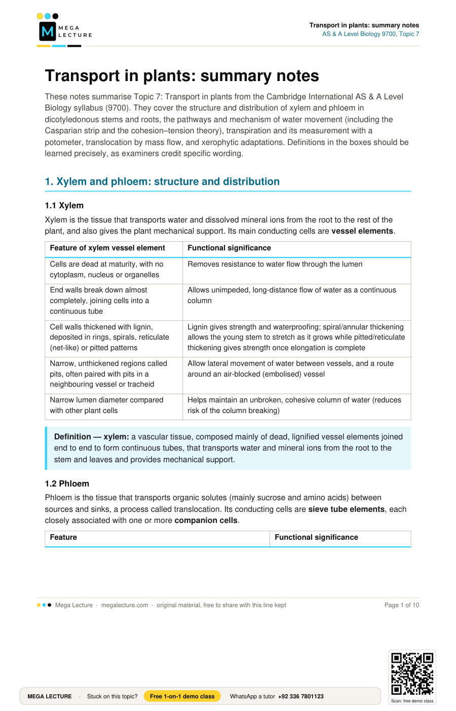Page 1 of Transport in plants: summary notes
