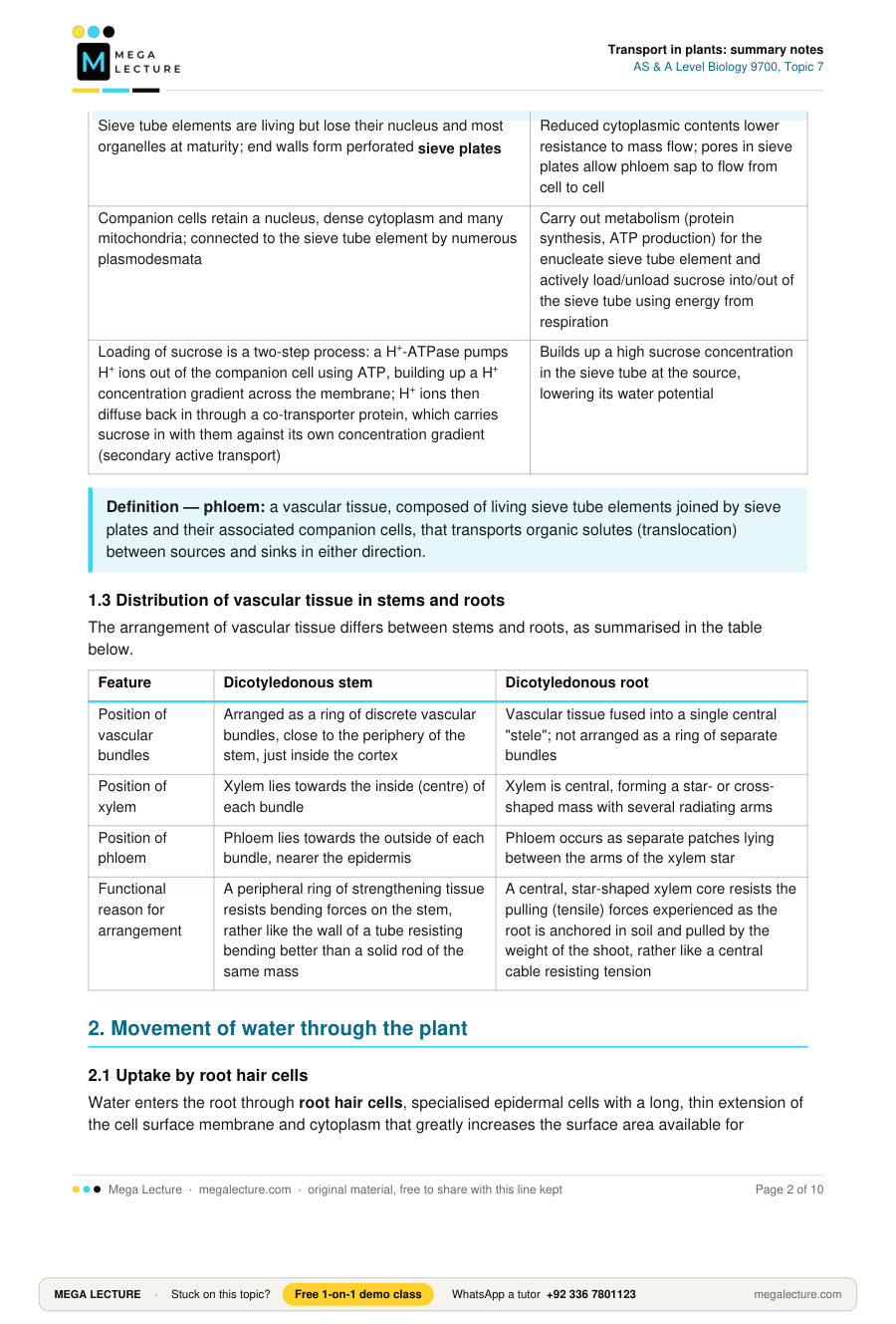 Page 2 of Transport in plants: summary notes