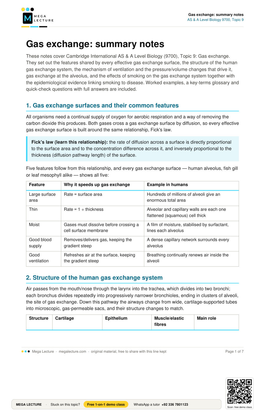 Page 1 of Gas exchange: summary notes