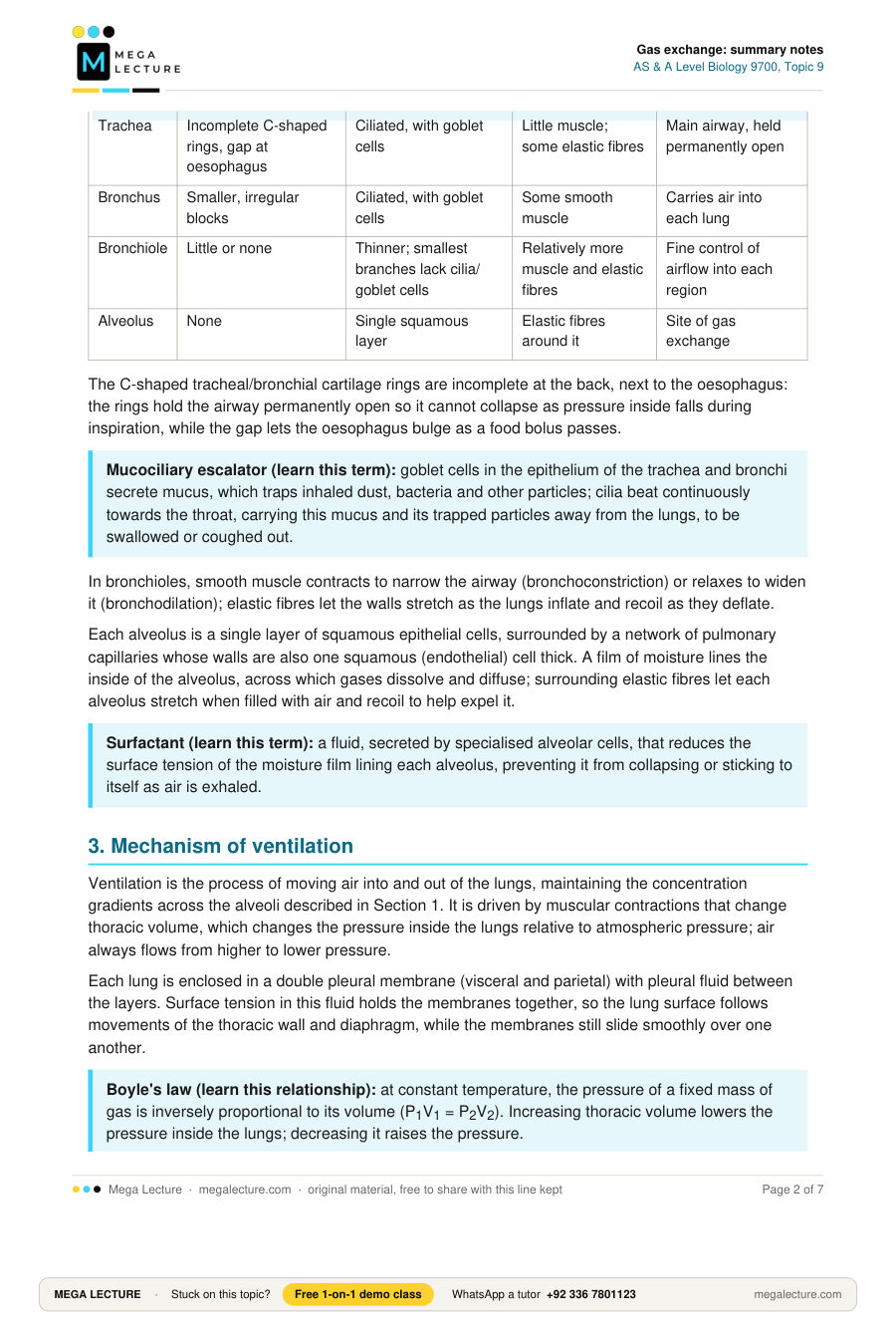 Page 2 of Gas exchange: summary notes