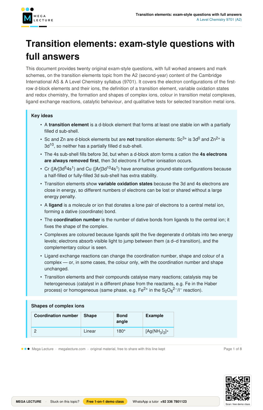 Page 1 of Transition elements: exam-style questions with full answers