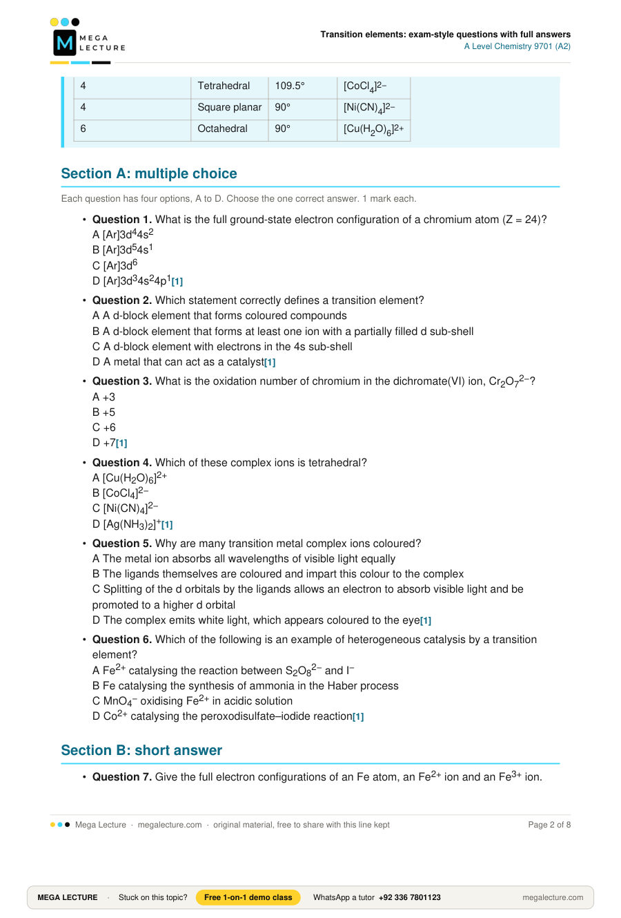 Page 2 of Transition elements: exam-style questions with full answers