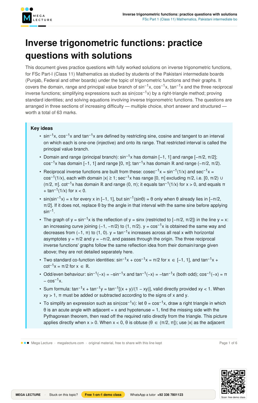 Page 1 of Inverse trigonometric functions: practice questions with solutions