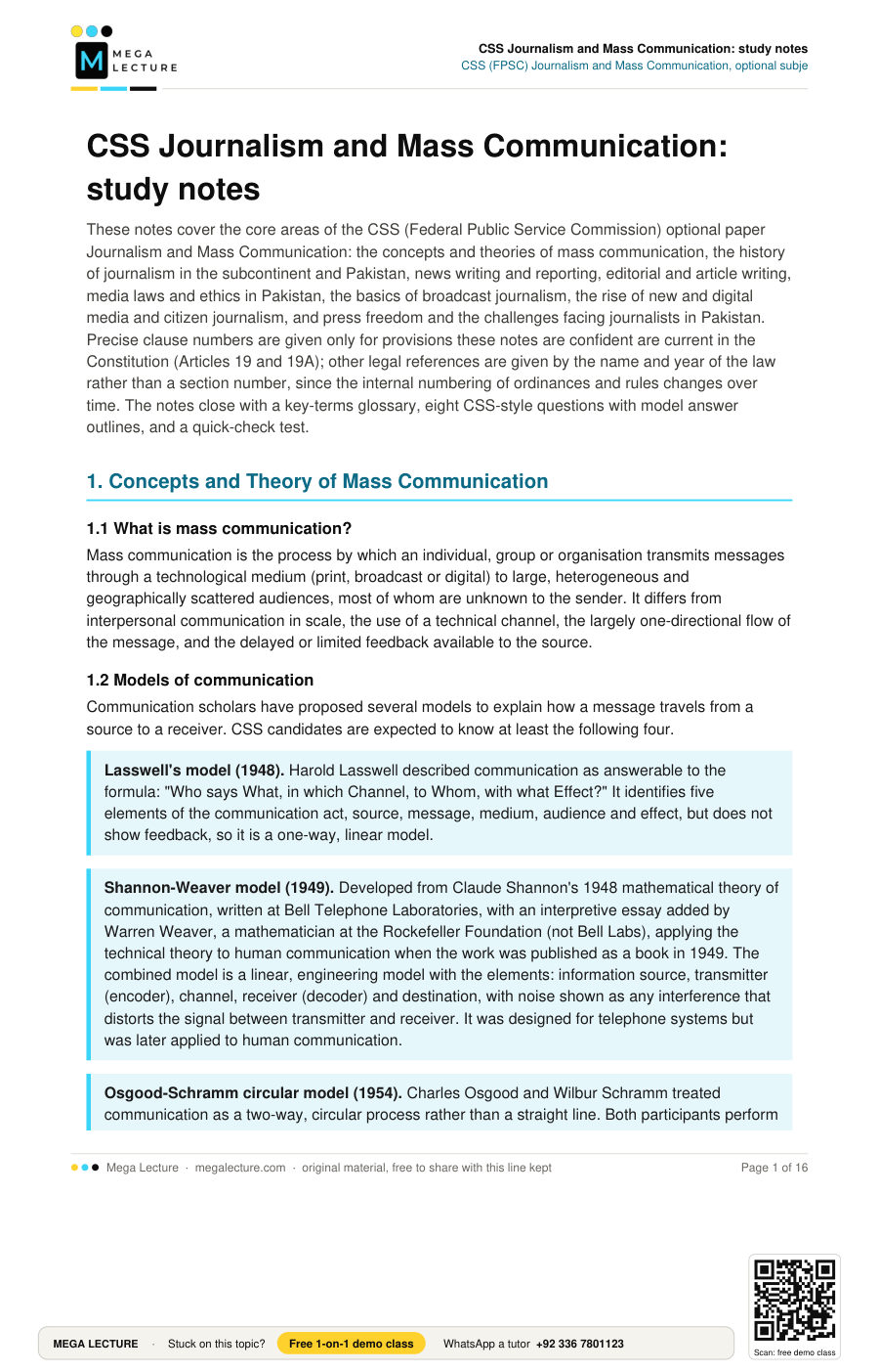 Page 1 of CSS Journalism and Mass Communication: study notes