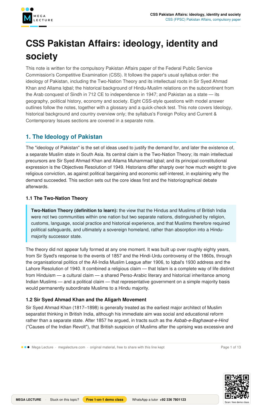 Page 1 of CSS Pakistan Affairs: ideology, identity and society