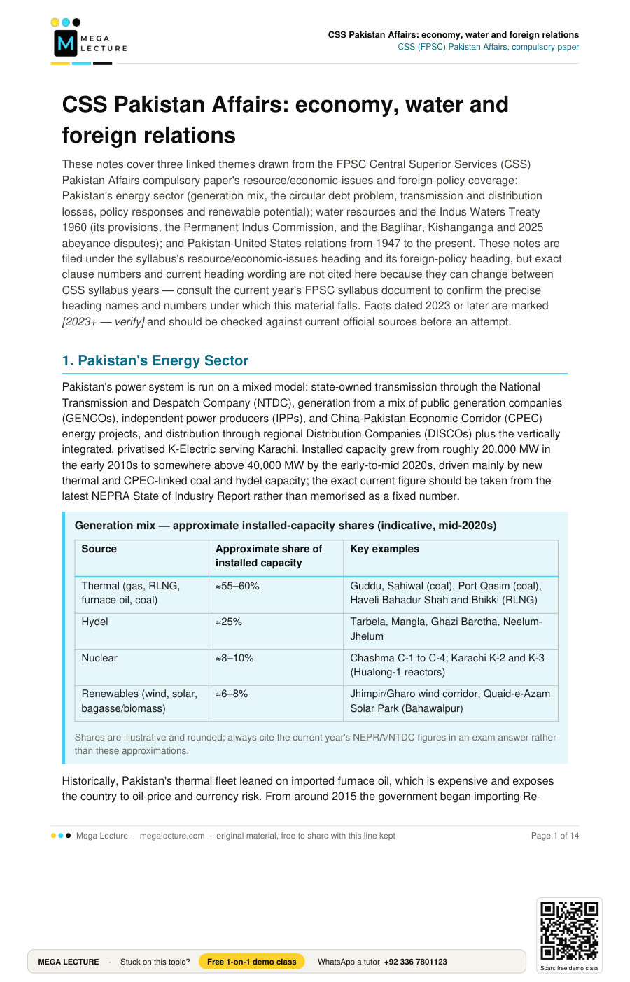 Page 1 of CSS Pakistan Affairs: economy, water and foreign relations