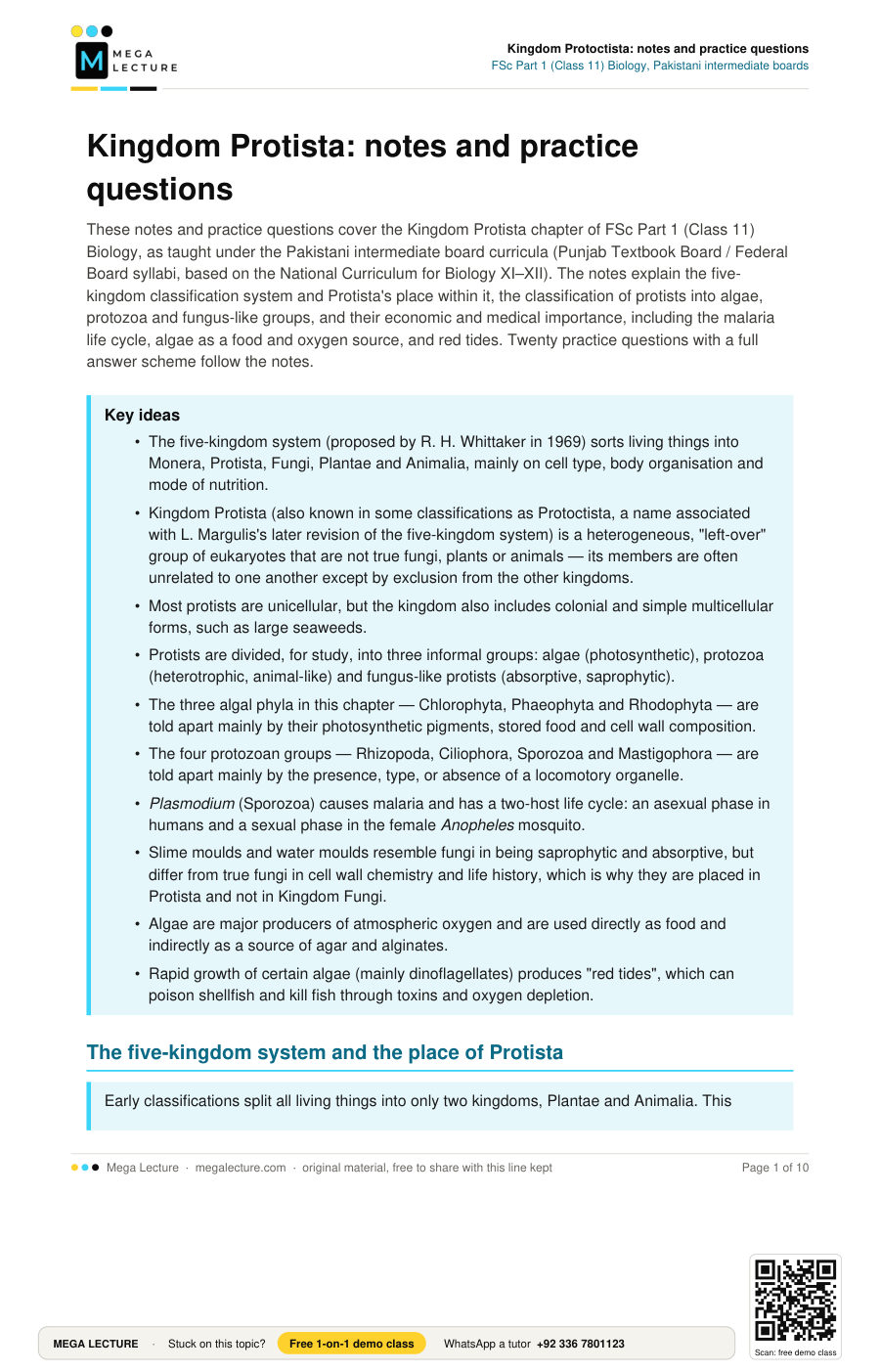 Page 1 of Kingdom Protoctista: notes and practice questions