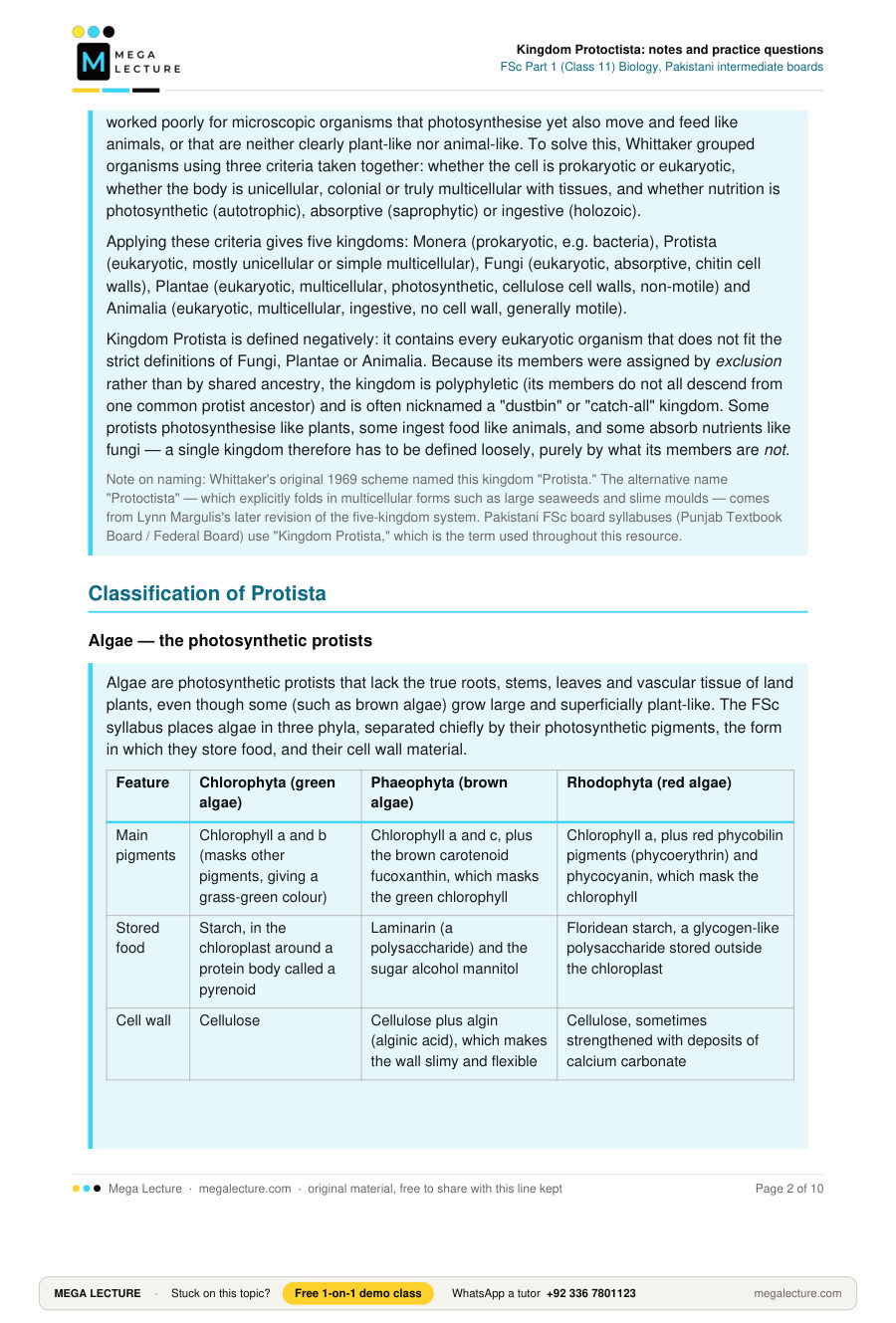 Page 2 of Kingdom Protoctista: notes and practice questions
