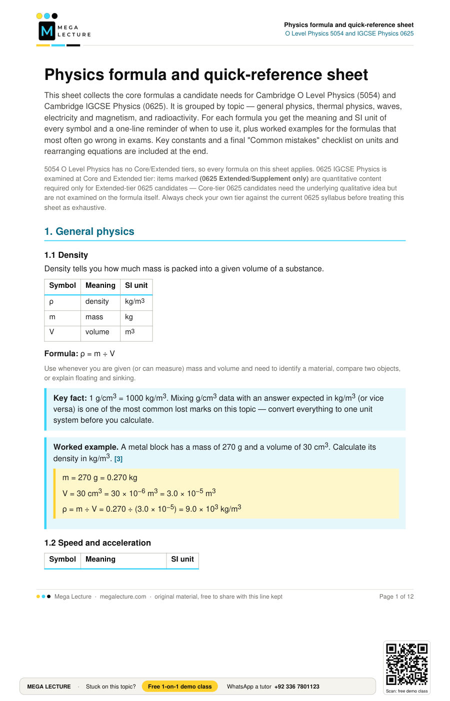 Page 1 of Physics formula and quick-reference sheet