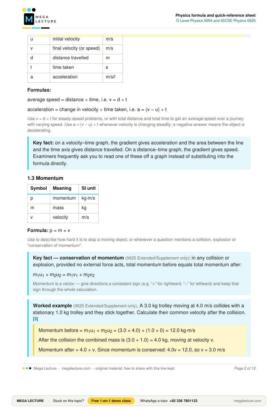 Page 2 of Physics formula and quick-reference sheet