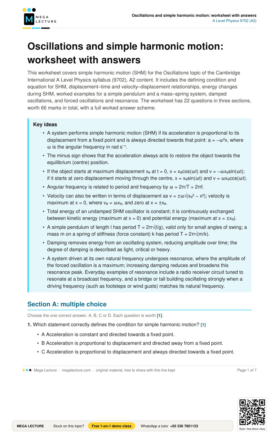 Page 1 of Oscillations and simple harmonic motion: worksheet with answers