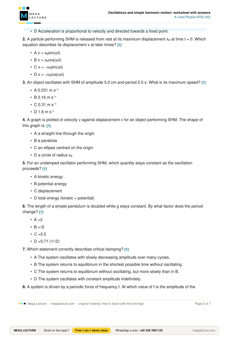 Page 2 of Oscillations and simple harmonic motion: worksheet with answers