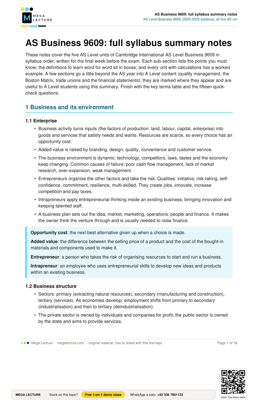 Page 1 of AS Business 9609: full syllabus summary notes