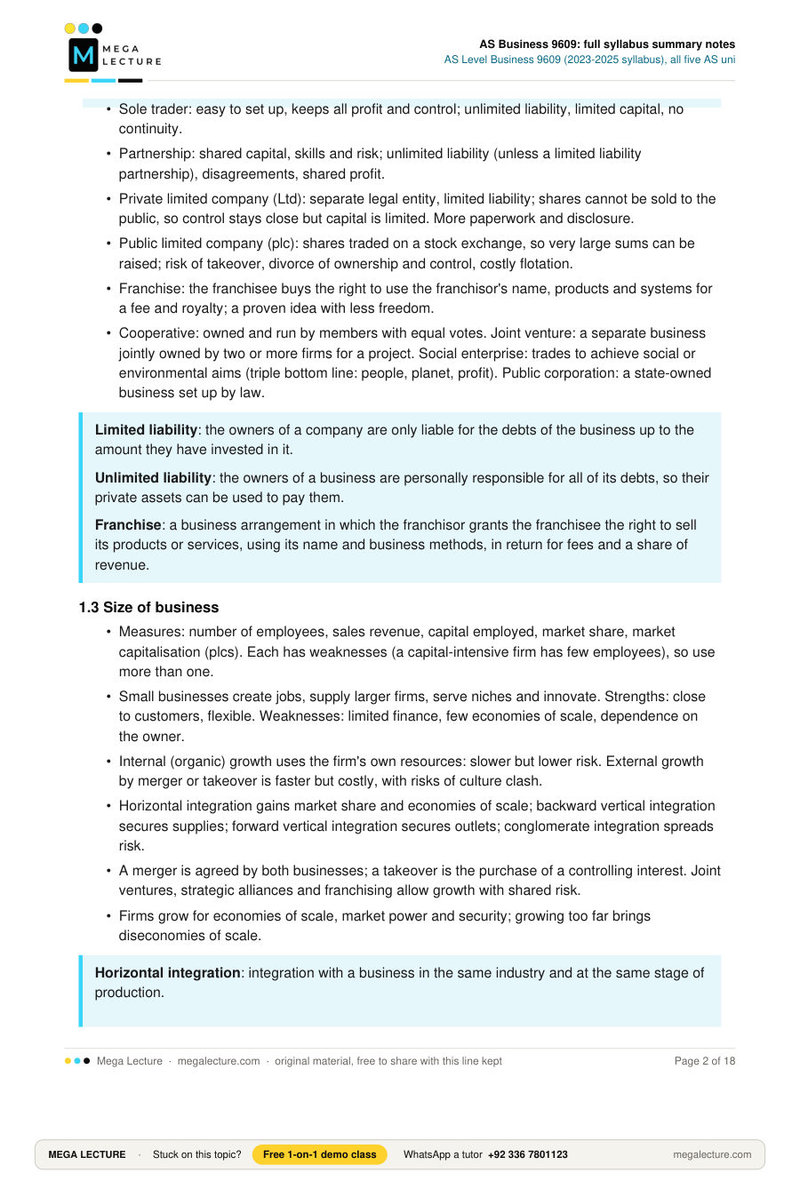 Page 2 of AS Business 9609: full syllabus summary notes