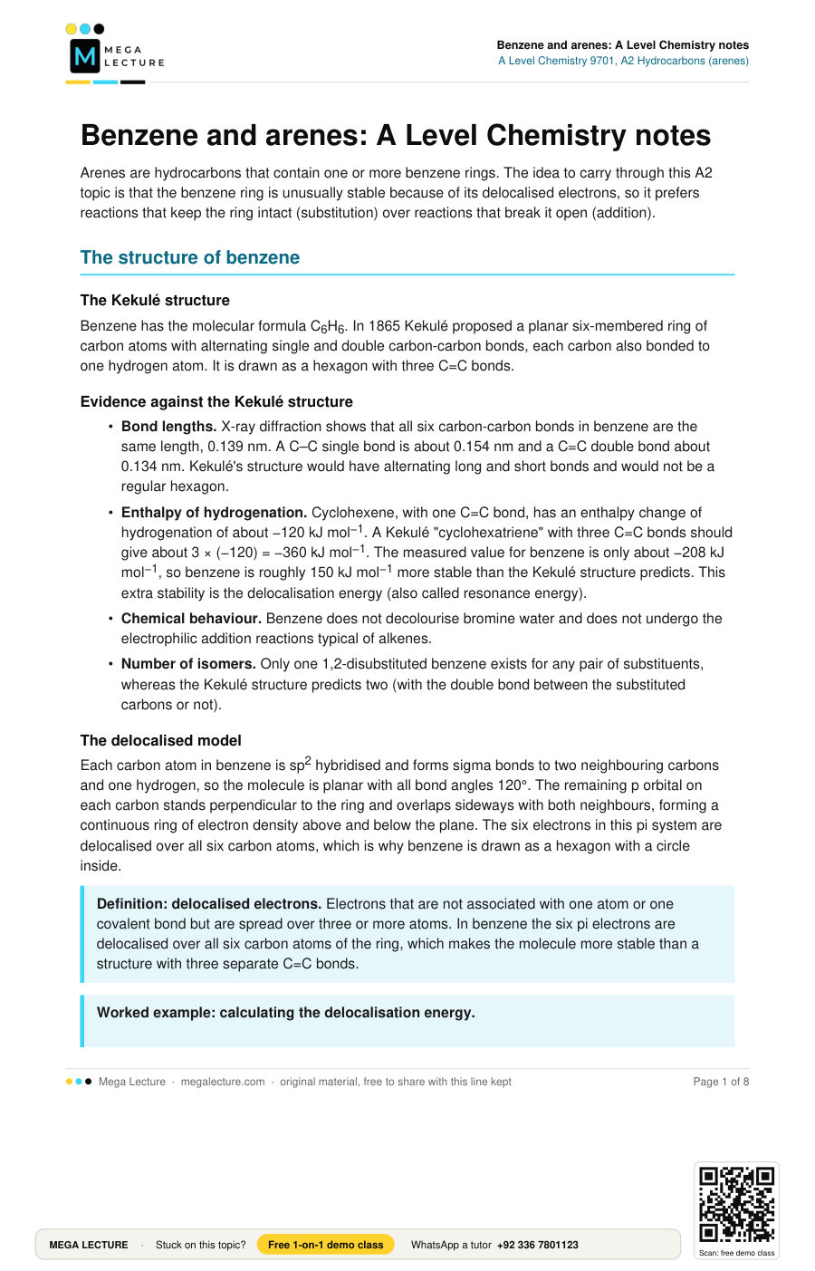 Page 1 of Benzene and arenes: A Level Chemistry notes