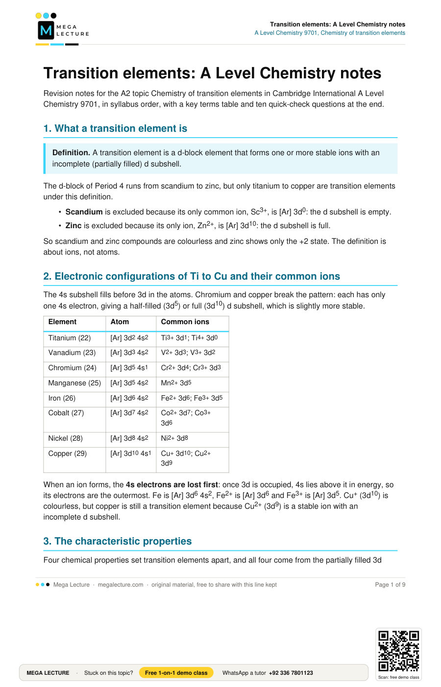 Page 1 of Transition elements: A Level Chemistry notes