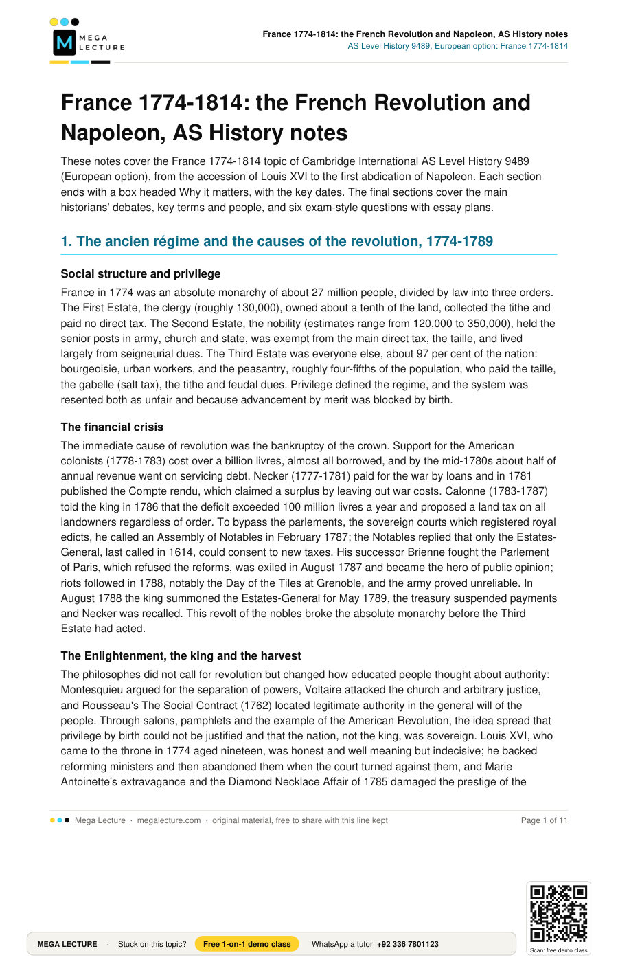 Page 1 of France 1774-1814: the French Revolution and Napoleon, AS History notes