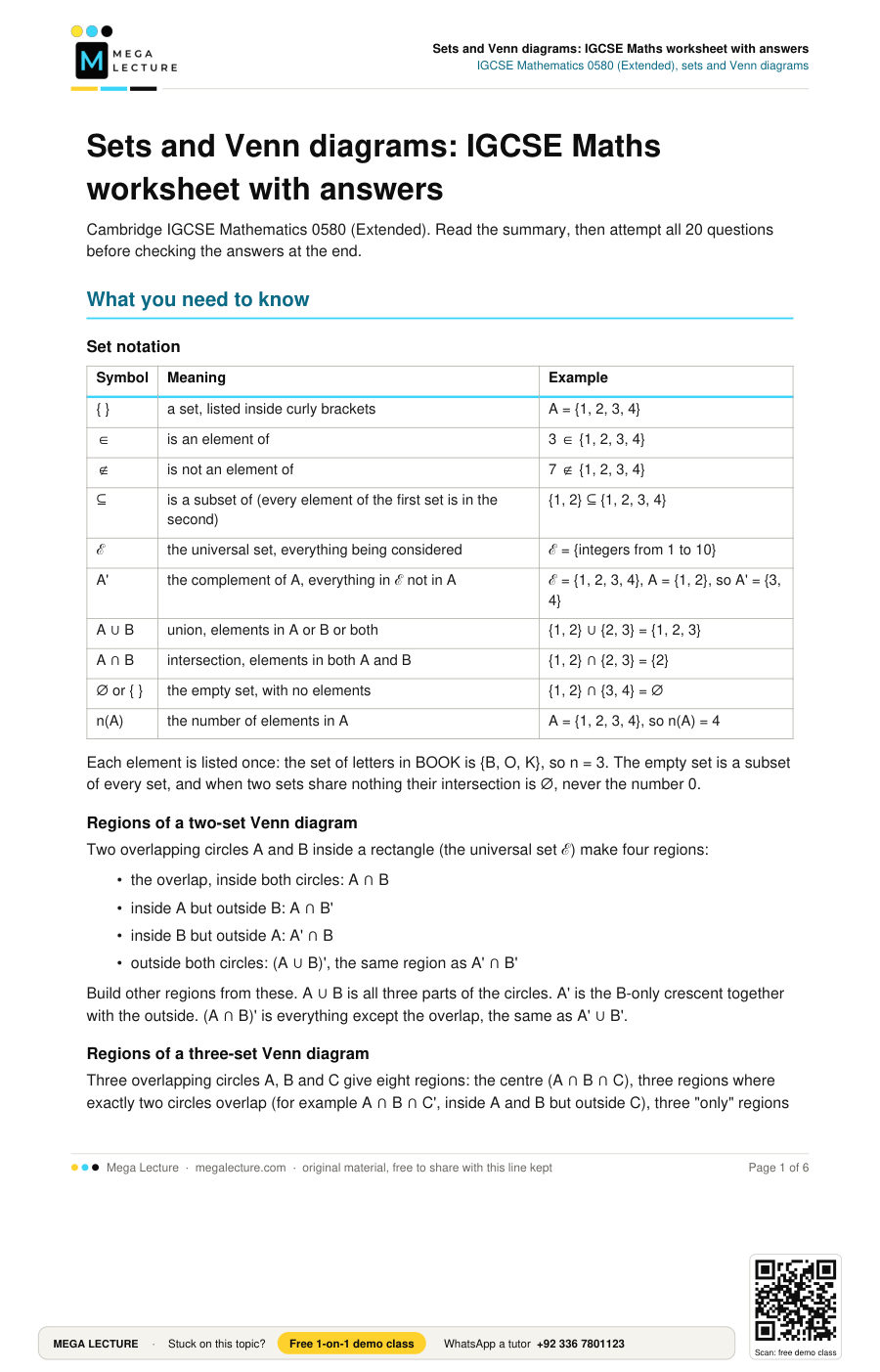 Page 1 of Sets and Venn diagrams: IGCSE Maths worksheet with answers