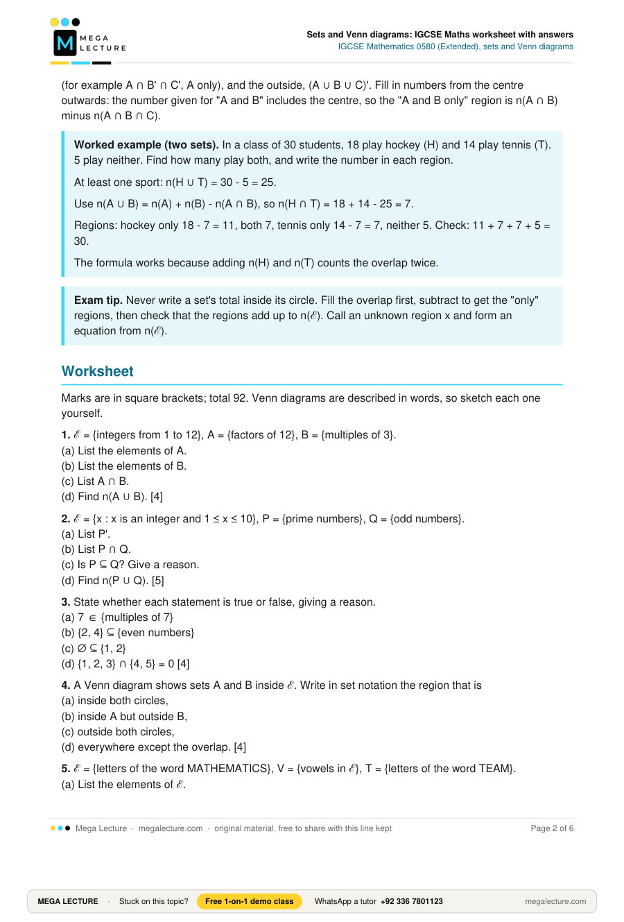 Page 2 of Sets and Venn diagrams: IGCSE Maths worksheet with answers