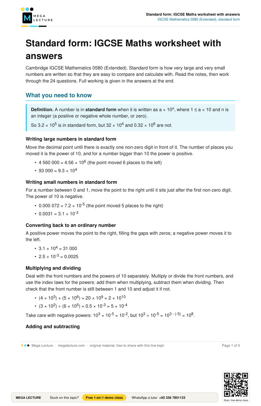 Page 1 of Standard form: IGCSE Maths worksheet with answers