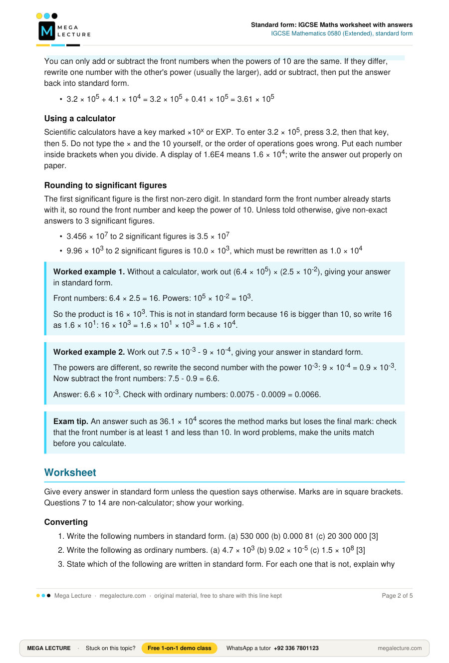 Page 2 of Standard form: IGCSE Maths worksheet with answers