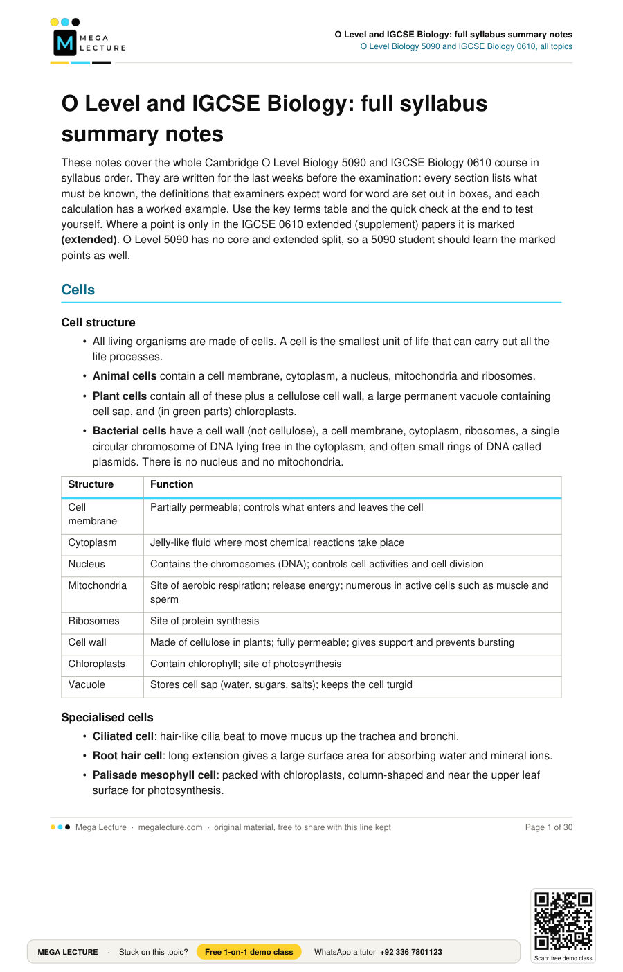 Page 1 of O Level and IGCSE Biology: full syllabus summary notes