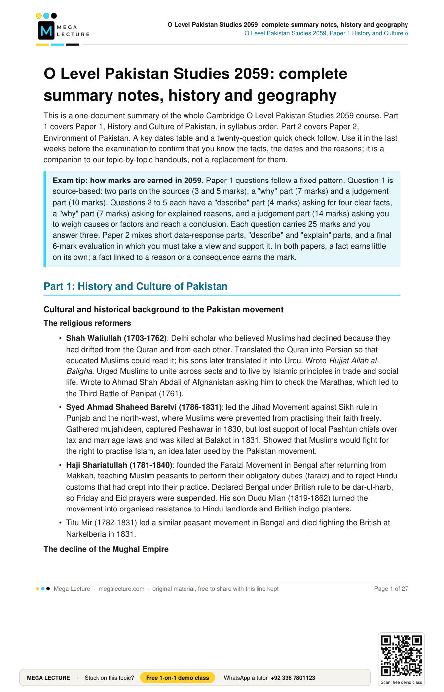 Page 1 of O Level Pakistan Studies 2059: complete summary notes, history and geography