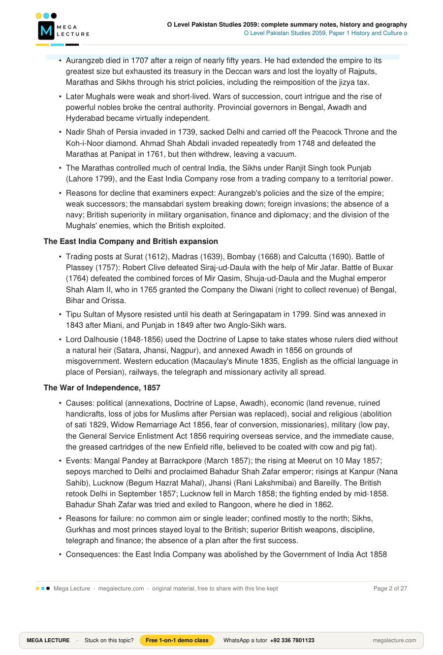 Page 2 of O Level Pakistan Studies 2059: complete summary notes, history and geography
