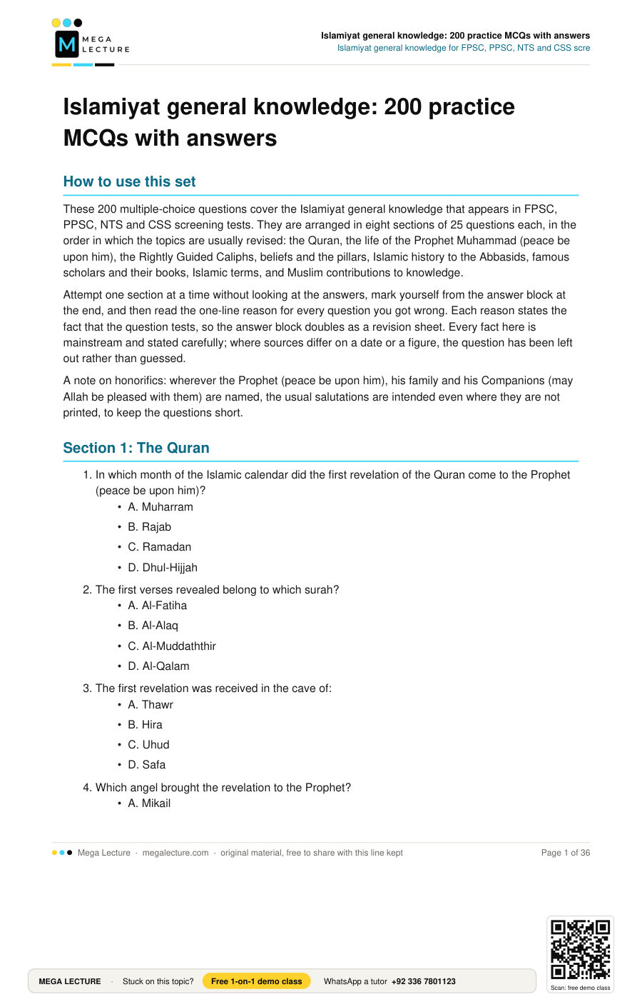 Page 1 of Islamiyat general knowledge: 200 practice MCQs with answers
