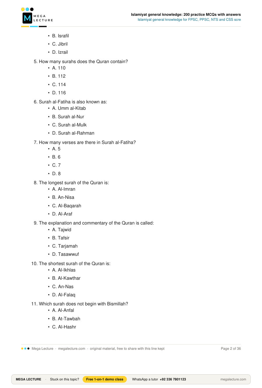 Page 2 of Islamiyat general knowledge: 200 practice MCQs with answers
