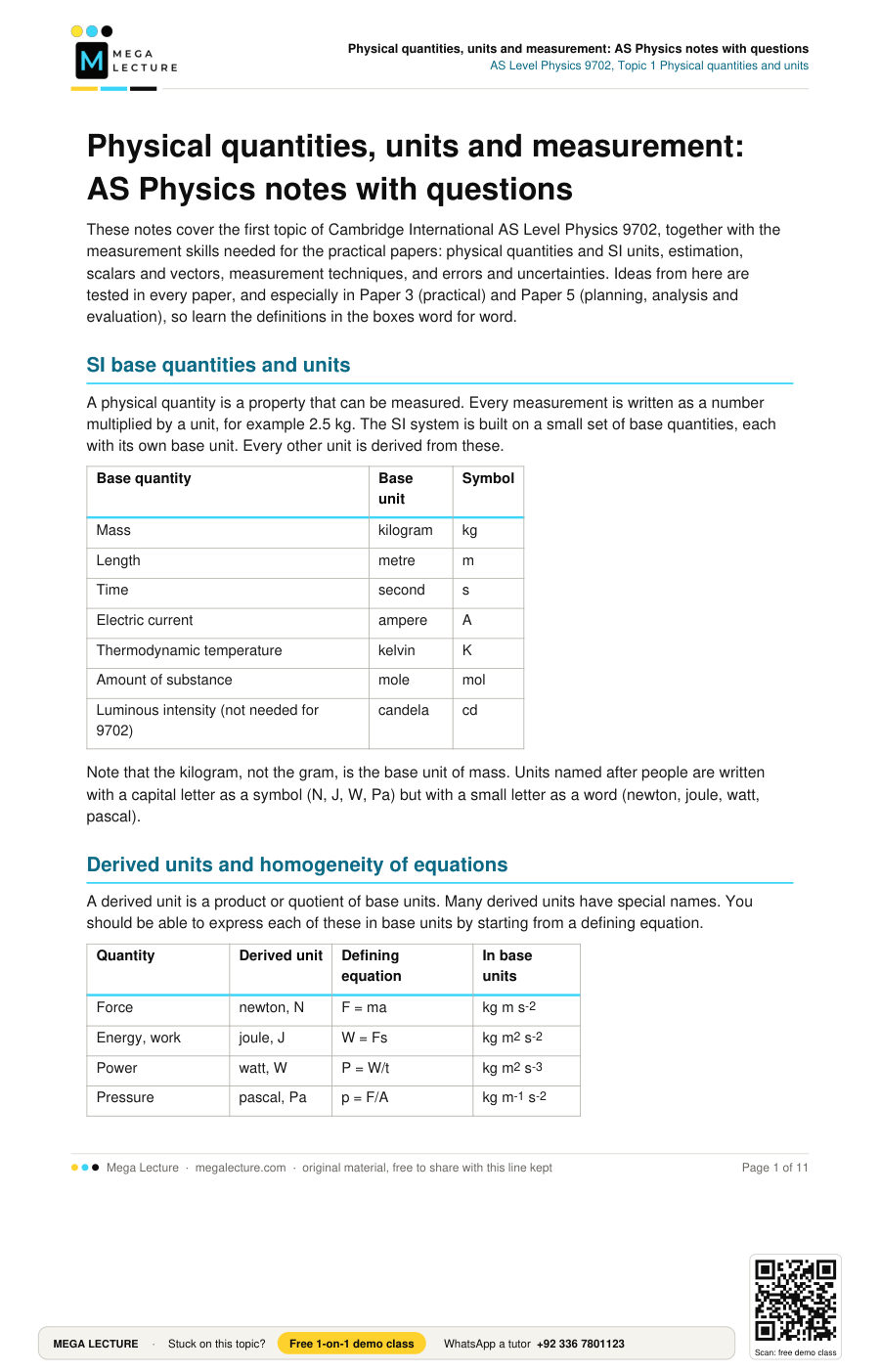 Page 1 of Physical quantities, units and measurement: AS Physics notes with questions