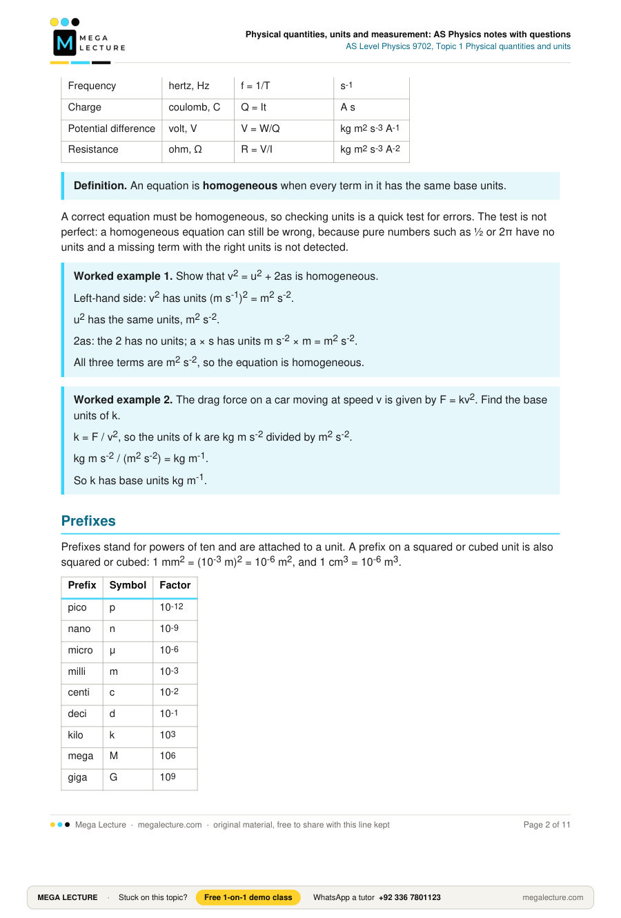 Page 2 of Physical quantities, units and measurement: AS Physics notes with questions